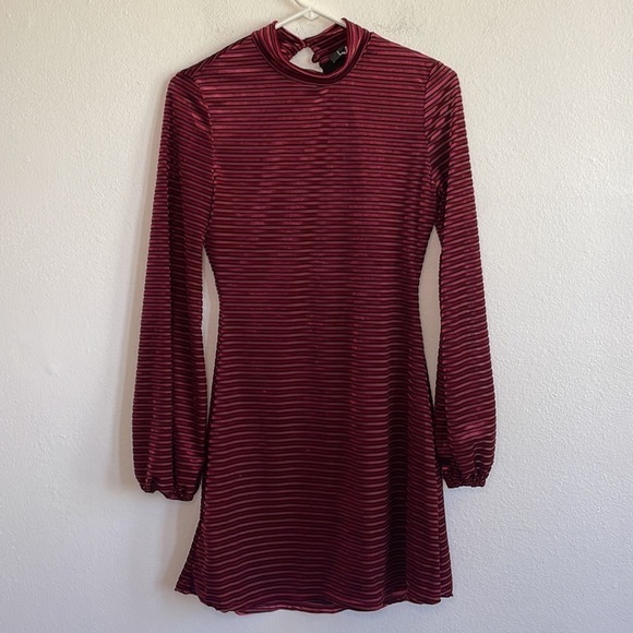 LULUS TICKET TO CHIC BURGUNDY STRIPED BELVET BALLOON SLEEVE DRESS - Picture 2 of 7